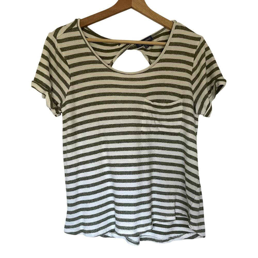 Democracy green white knit striped short sleeved shirt women's size XS cotton